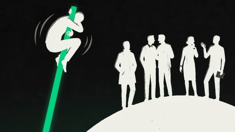 Ilustracija: čovek se drži za vrh visokog tankog zelenog stuba koji se ljulja, a pored njega grupa ljudi mirno stoji na širokom niskom brdu, kao poređenje koncentrisanog fonda i širokog tržišta u psihologiji investiranja.