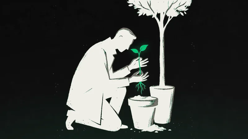 Ilustracija: čovek čupa zelenu sadnicu iz saksije da bi joj pogledao korenje, dok su stabla posađena kad i ona izrasla visoko, kao slika averzije prema gubitku kod investitora koji stalno proveravaju.