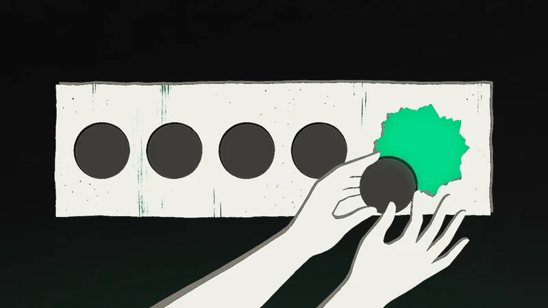 Ilustracija ruku koje okruglim diskovima zatvaraju okrugle otvore u zidu, dok jedan nepravilan svetlozeleni otvor ostaje nepokriven, kao odgovor na pitanje da li novac kupuje sreću.