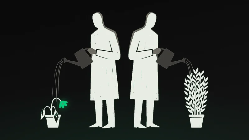 Ilustracija dve osobe koje istom vodom zalivaju uvelu biljku i bujan žbun, a cvet pušta samo uvela biljka, kao slika toga kako novac i sreća zavise od polazne tačke.