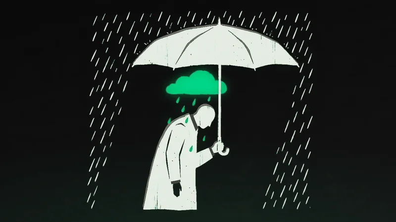Ilustracija čoveka koji pognute glave stoji pod velikim kišobranom dok oko njega pada kiša, a ispod samog kišobrana kiša pada na njega iz malog svetlozelenog oblaka, kao slika odgovora na pitanje koliko novca je potrebno za sreću.