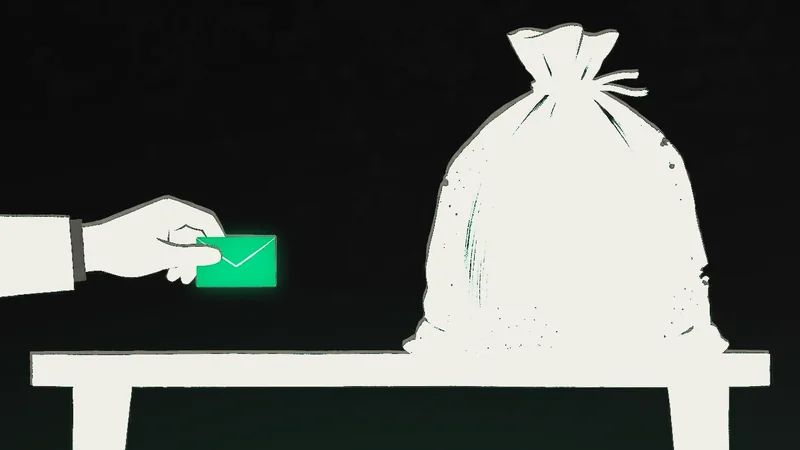 Ilustracija ruke koja drži malu kovertu pored ogromnog džaka na stolu, kao odnos onoga što su sponzori Mančester sitija platili i onoga što je platio vlasnik.
