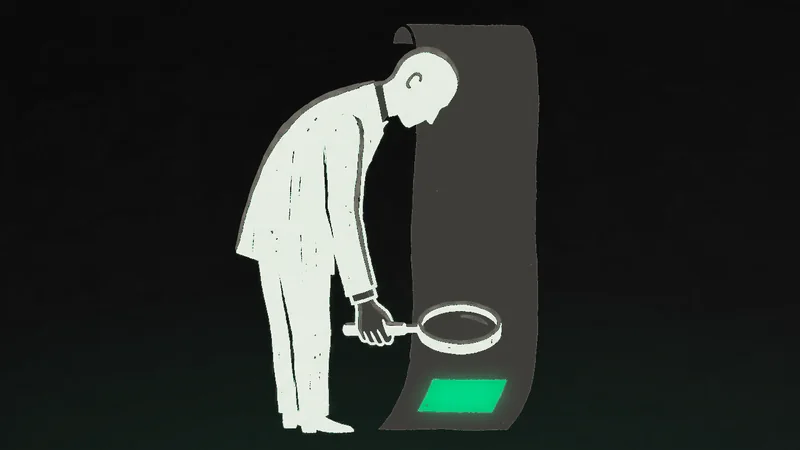 Ilustracija osobe koja lupom čita dno dugačkog lista finansijskog izveštaja, gde je napomena o transakcijama sa povezanim licima.